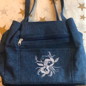 NWOT Blue Denim With White Flowers Embroidered Purse.